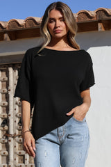 Lysandra Knit Top - Slouchy Asymmetrical Neckline Top in Black