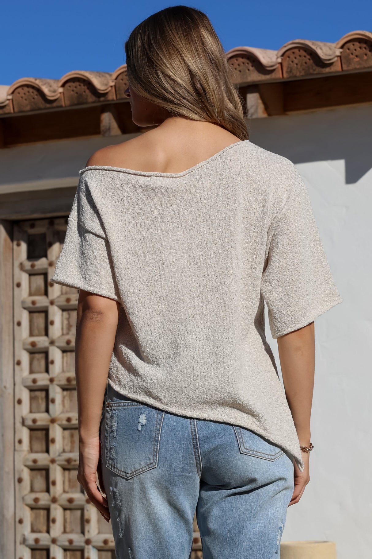 Lysandra Knit Top - Slouchy Asymmetrical Neckline Top in Oat