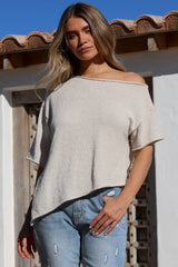 Lysandra Knit Top - Slouchy Asymmetrical Neckline Top in Oat