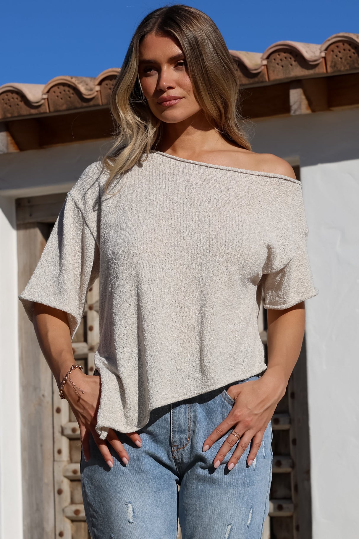 Lysandra Knit Top - Slouchy Asymmetrical Neckline Top in Oat