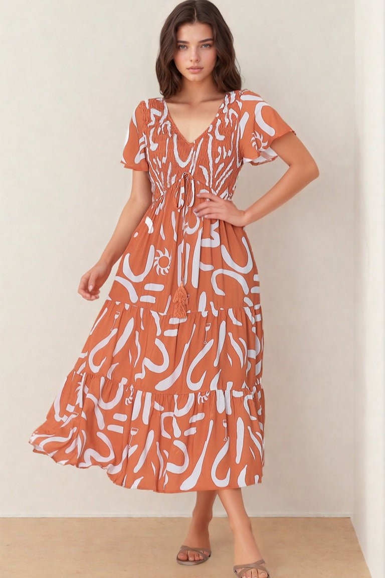 Amaya Midi Dress - Shirred Cap Sleeve A Line Dress in Daley Print Rust