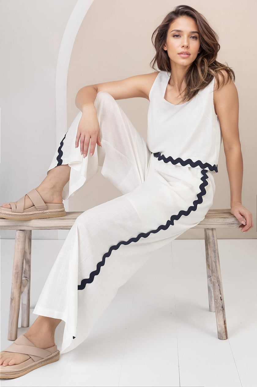 Bailie Linen Set - Boxy Top and Pant Set with Rick Rack Detailing in White