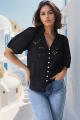 Clare Blouse - Hollow Out Embroidered Button Down Blouse in Black