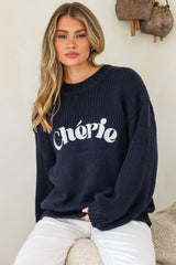 Ma Cherie Jumper - Embroidered Thick Knit with Crew Neck and Long Sleeves in Navy