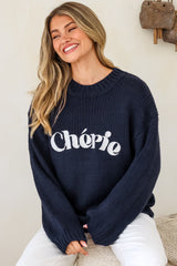 Ma Cherie Jumper - Embroidered Thick Knit with Crew Neck and Long Sleeves in Navy