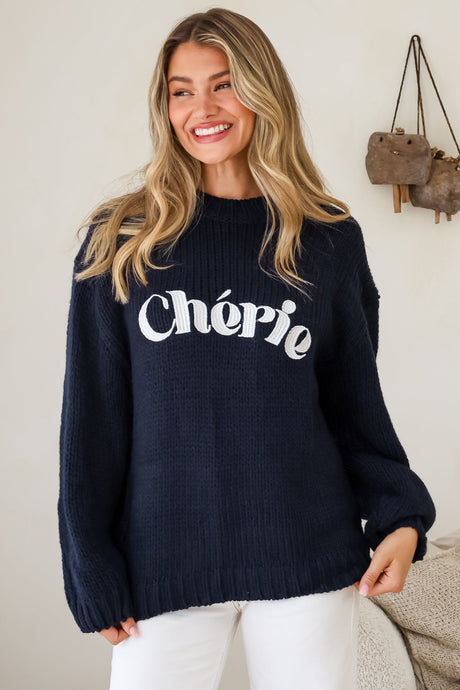 Ma Cherie Jumper - Embroidered Thick Knit with Crew Neck and Long Sleeves in Navy