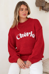 Ma Cherie Jumper - Embroidered Thick Knit with Crew Neck and Long Sleeves in Red