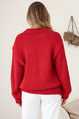 Ma Cherie Jumper - Embroidered Thick Knit with Crew Neck and Long Sleeves in Red