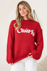Ma Cherie Jumper - Embroidered Thick Knit with Crew Neck and Long Sleeves in Red