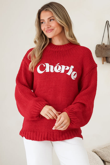 Ma Cherie Jumper - Embroidered Thick Knit with Crew Neck and Long Sleeves in Red