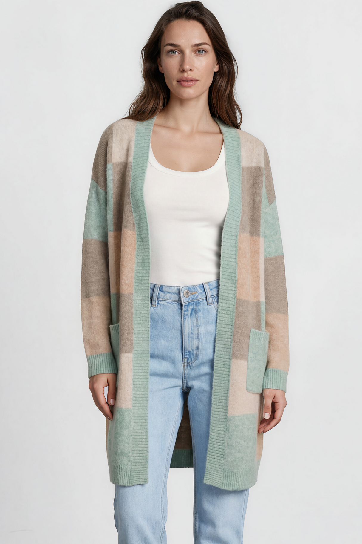 Model wearing Mabel Cardigan in Green from Salty Crush