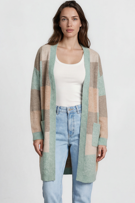 Model wearing Mabel Cardigan in Green from Salty Crush