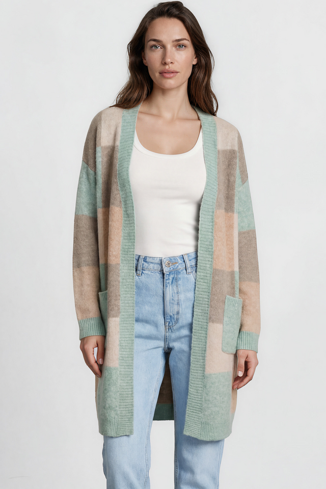 Model wearing Mabel Cardigan in Green from Salty Crush
