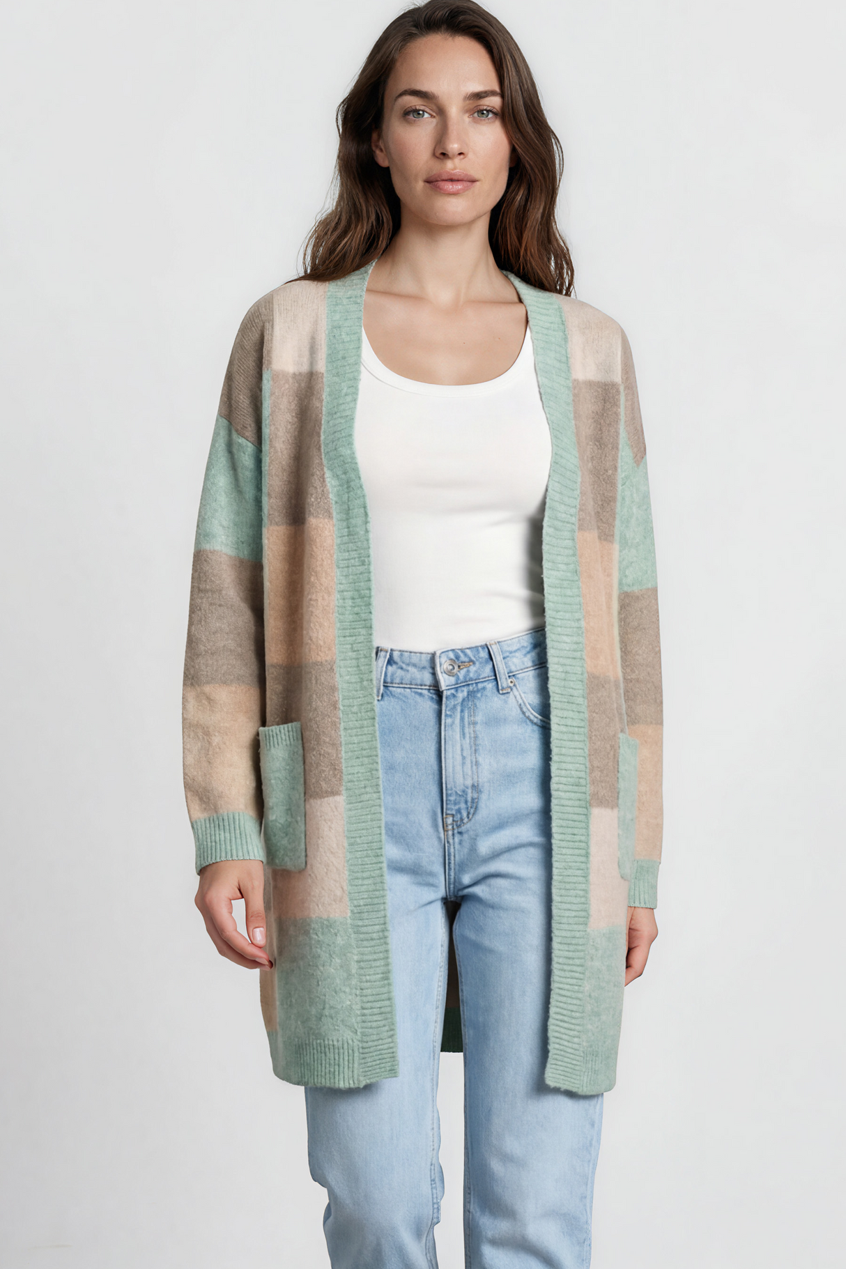 Model wearing Mabel Cardigan in Green from Salty Crush
