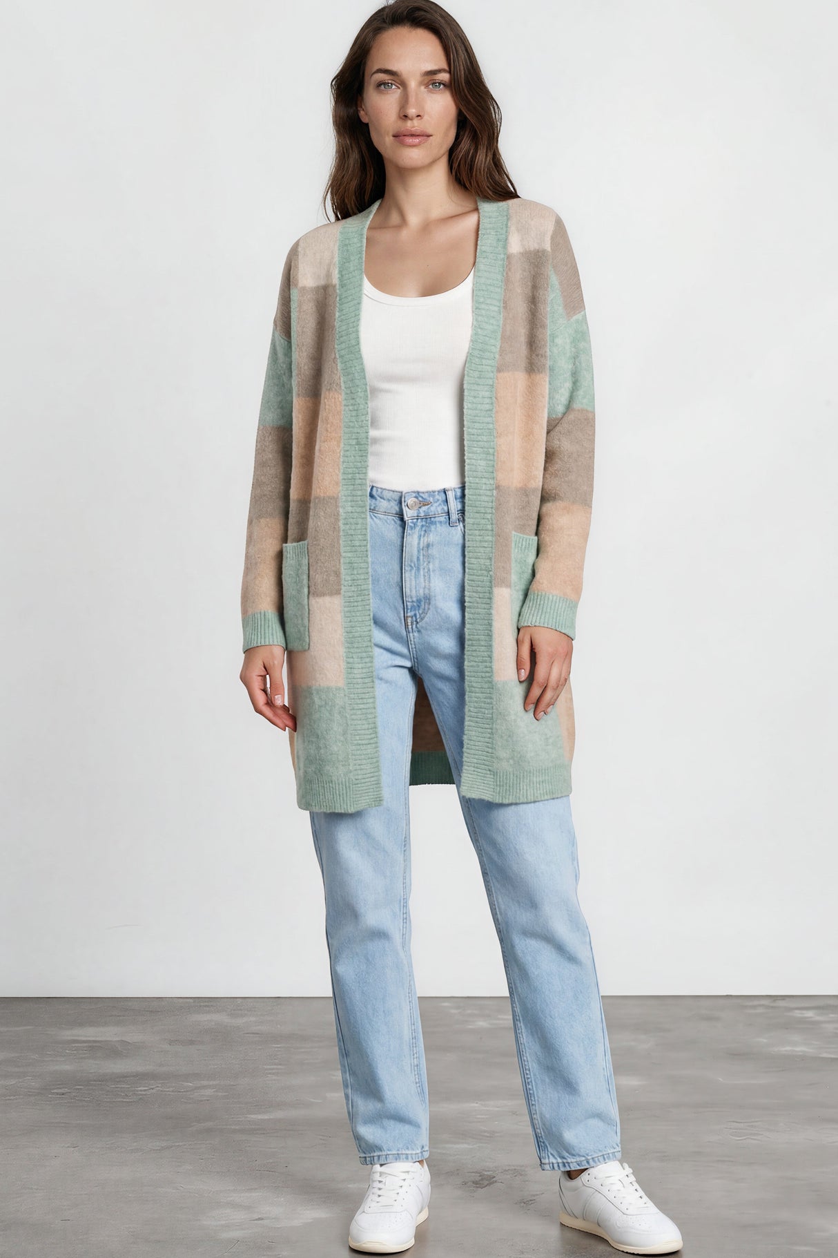 Model wearing Mabel Cardigan in Green from Salty Crush