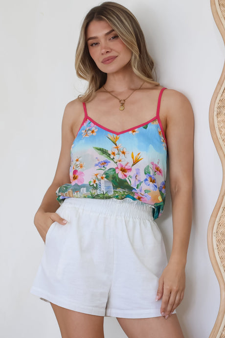 Micaela Top - V-Neck Contrast Trim Cami with Adjustable Straps in Della Print