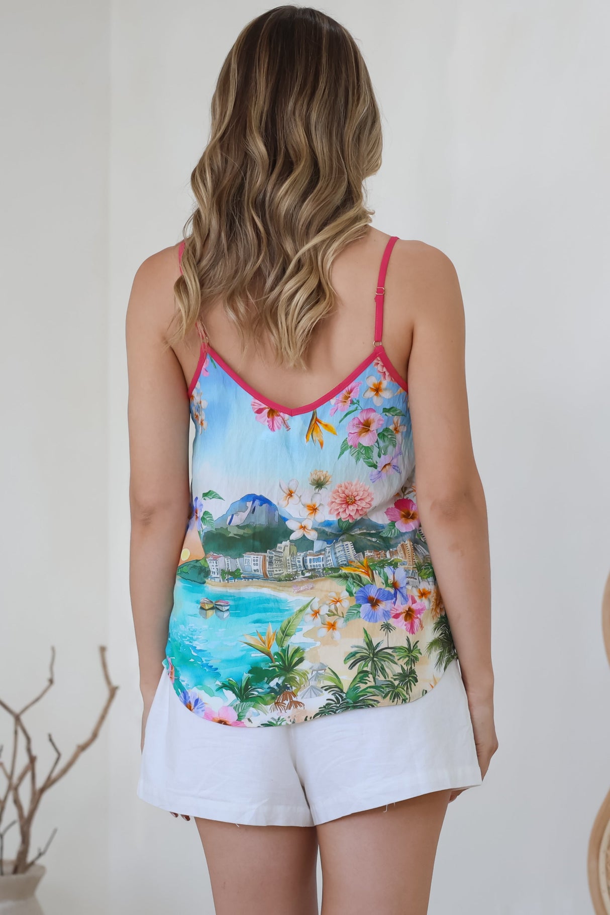 Micaela Top - V-Neck Contrast Trim Cami with Adjustable Straps in Della Print