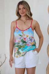 Micaela Top - V-Neck Contrast Trim Cami with Adjustable Straps in Della Print