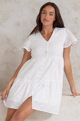 Marcy Mini Dress - Embroidered Button Down Dress with Cap Sleeves in White