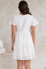 Marcy Mini Dress - Embroidered Button Down Dress with Cap Sleeves in White