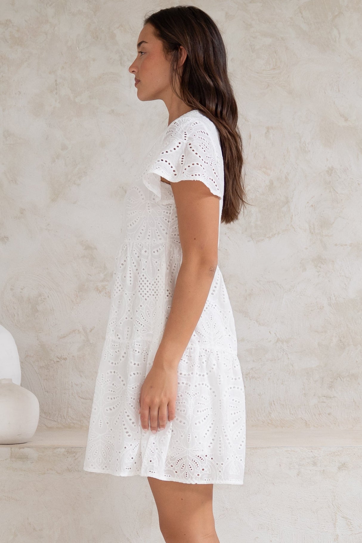 Marcy Mini Dress - Embroidered Button Down Dress with Cap Sleeves in White
