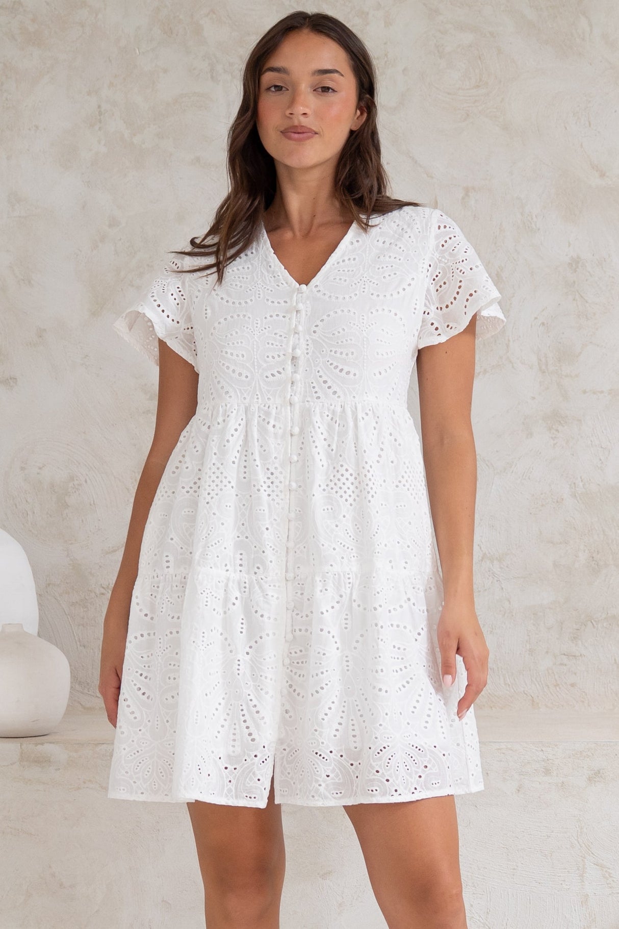Marcy Mini Dress - Embroidered Button Down Dress with Cap Sleeves in White