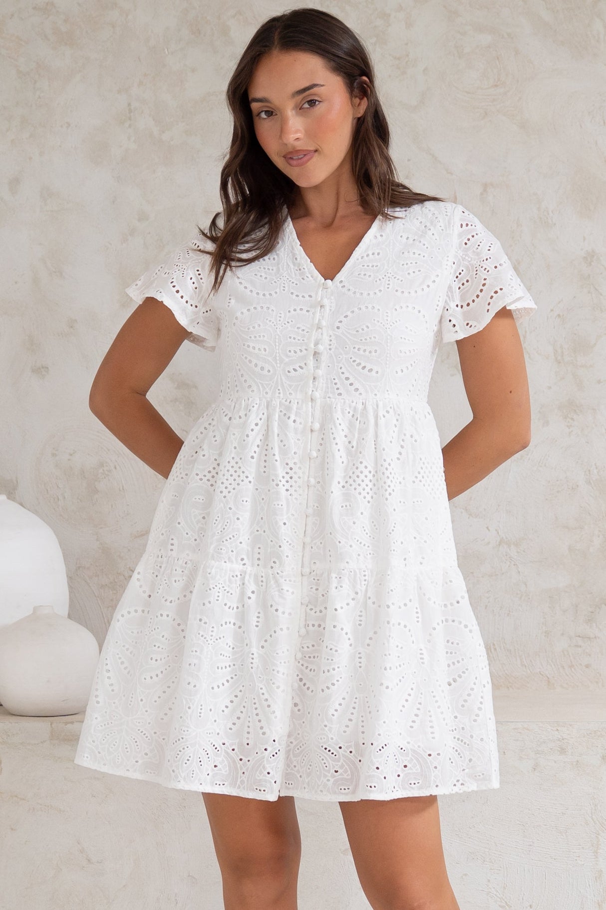 Marcy Mini Dress - Embroidered Button Down Dress with Cap Sleeves in White