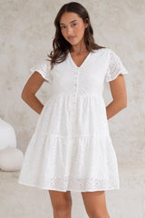 Marcy Mini Dress - Embroidered Button Down Dress with Cap Sleeves in White