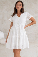 Marcy Mini Dress - Embroidered Button Down Dress with Cap Sleeves in White