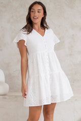 Marcy Mini Dress - Embroidered Button Down Dress with Cap Sleeves in White