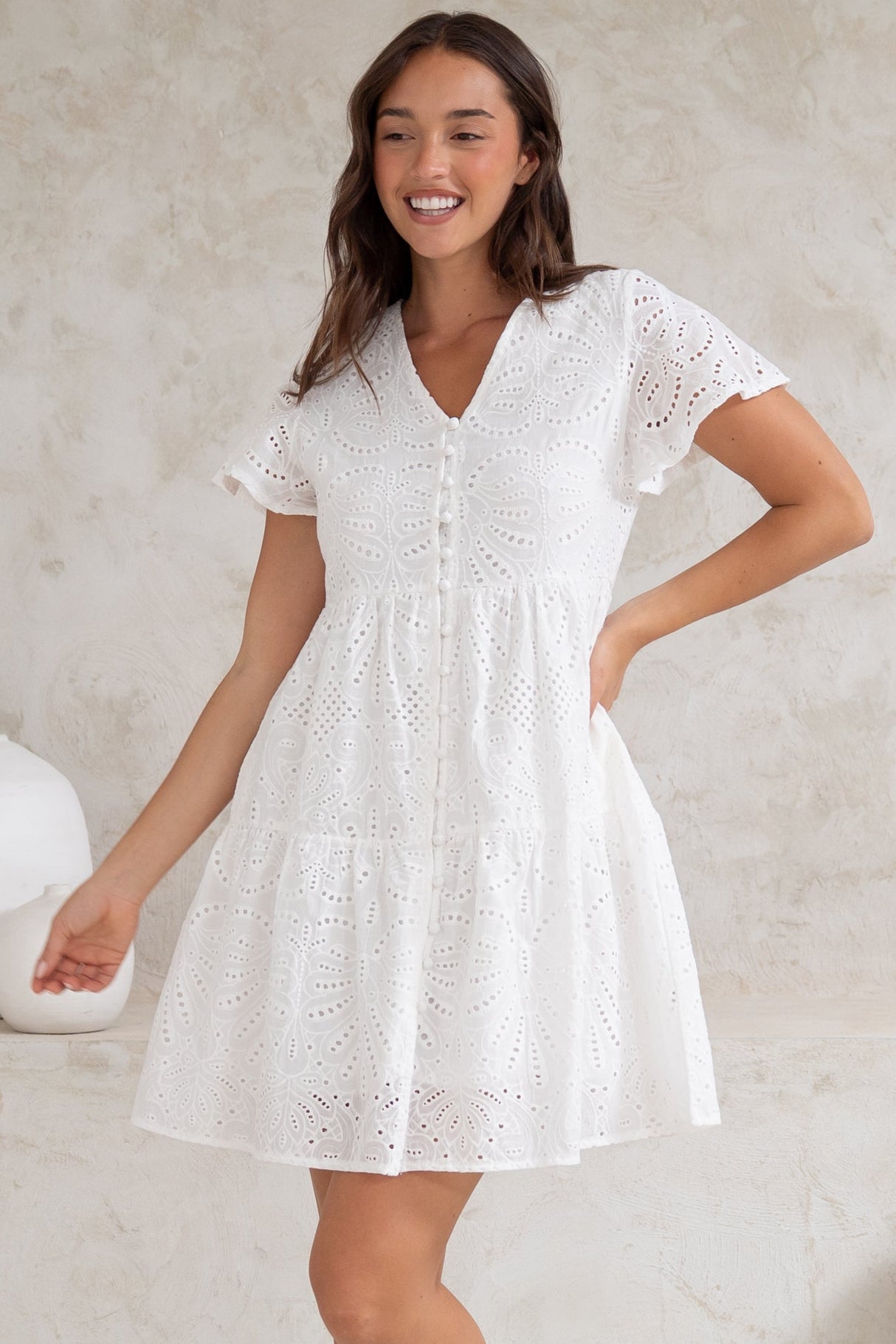 Marcy Mini Dress - Embroidered Button Down Dress with Cap Sleeves in White