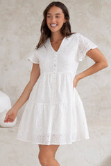 Marcy Mini Dress - Embroidered Button Down Dress with Cap Sleeves in White