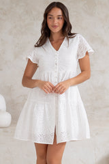 Marcy Mini Dress - Embroidered Button Down Dress with Cap Sleeves in White