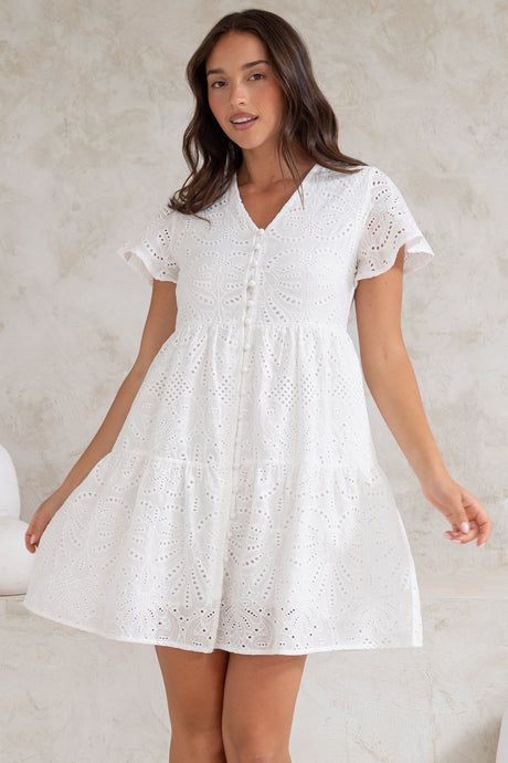 Marcy Mini Dress - Embroidered Button Down Dress with Cap Sleeves in White
