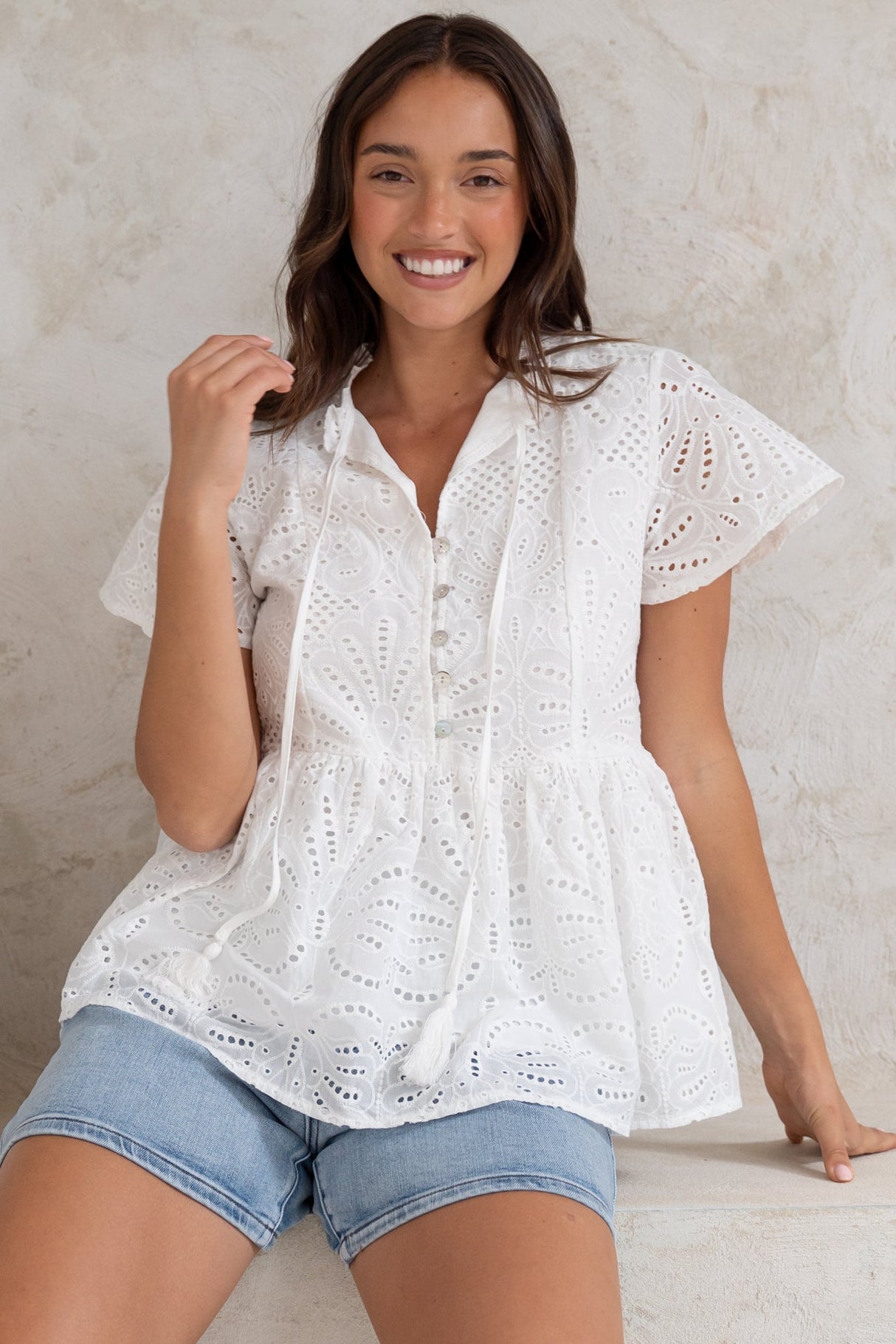 Marcy Top - Frill Mandarin Collar with Neck Tie Embroidered Smock Top in White