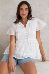 Marcy Top - Frill Mandarin Collar with Neck Tie Embroidered Smock Top in White