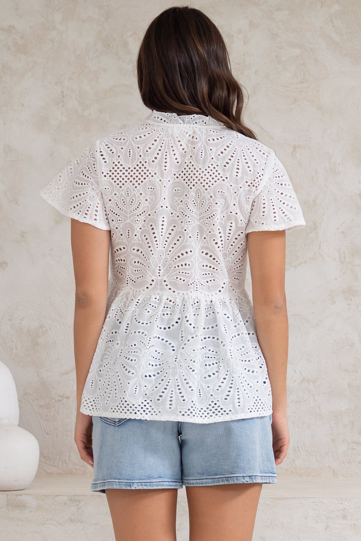 Marcy Top - Frill Mandarin Collar with Neck Tie Embroidered Smock Top in White
