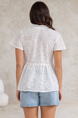 Marcy Top - Frill Mandarin Collar with Neck Tie Embroidered Smock Top in White