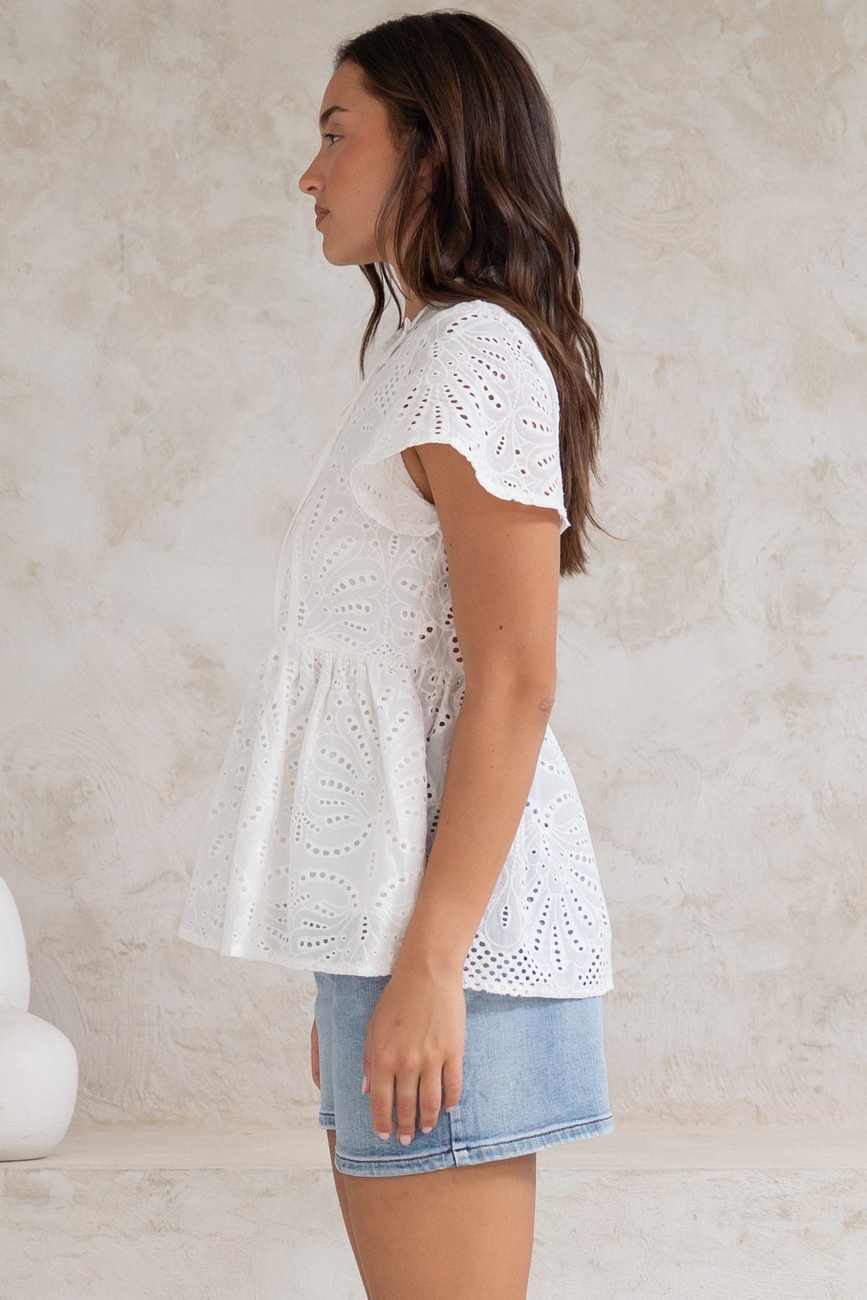 Marcy Top - Frill Mandarin Collar with Neck Tie Embroidered Smock Top in White