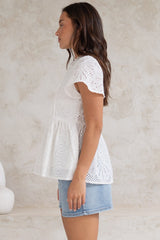 Marcy Top - Frill Mandarin Collar with Neck Tie Embroidered Smock Top in White
