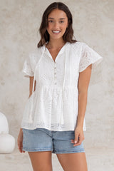 Marcy Top - Frill Mandarin Collar with Neck Tie Embroidered Smock Top in White