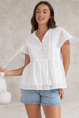 Marcy Top - Frill Mandarin Collar with Neck Tie Embroidered Smock Top in White
