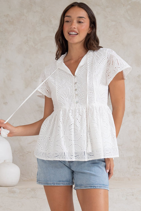 Marcy Top - Frill Mandarin Collar with Neck Tie Embroidered Smock Top in White