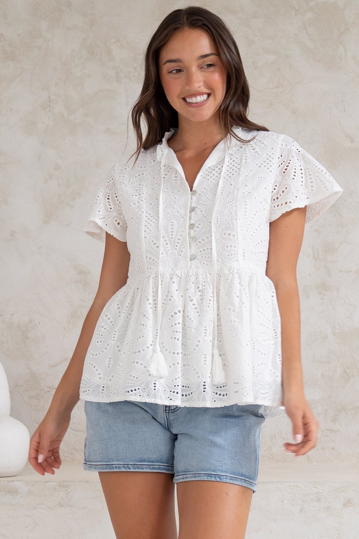 Marcy Top - Frill Mandarin Collar with Neck Tie Embroidered Smock Top in White