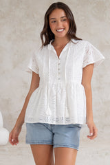 Marcy Top - Frill Mandarin Collar with Neck Tie Embroidered Smock Top in White