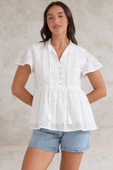Marcy Top - Frill Mandarin Collar with Neck Tie Embroidered Smock Top in White