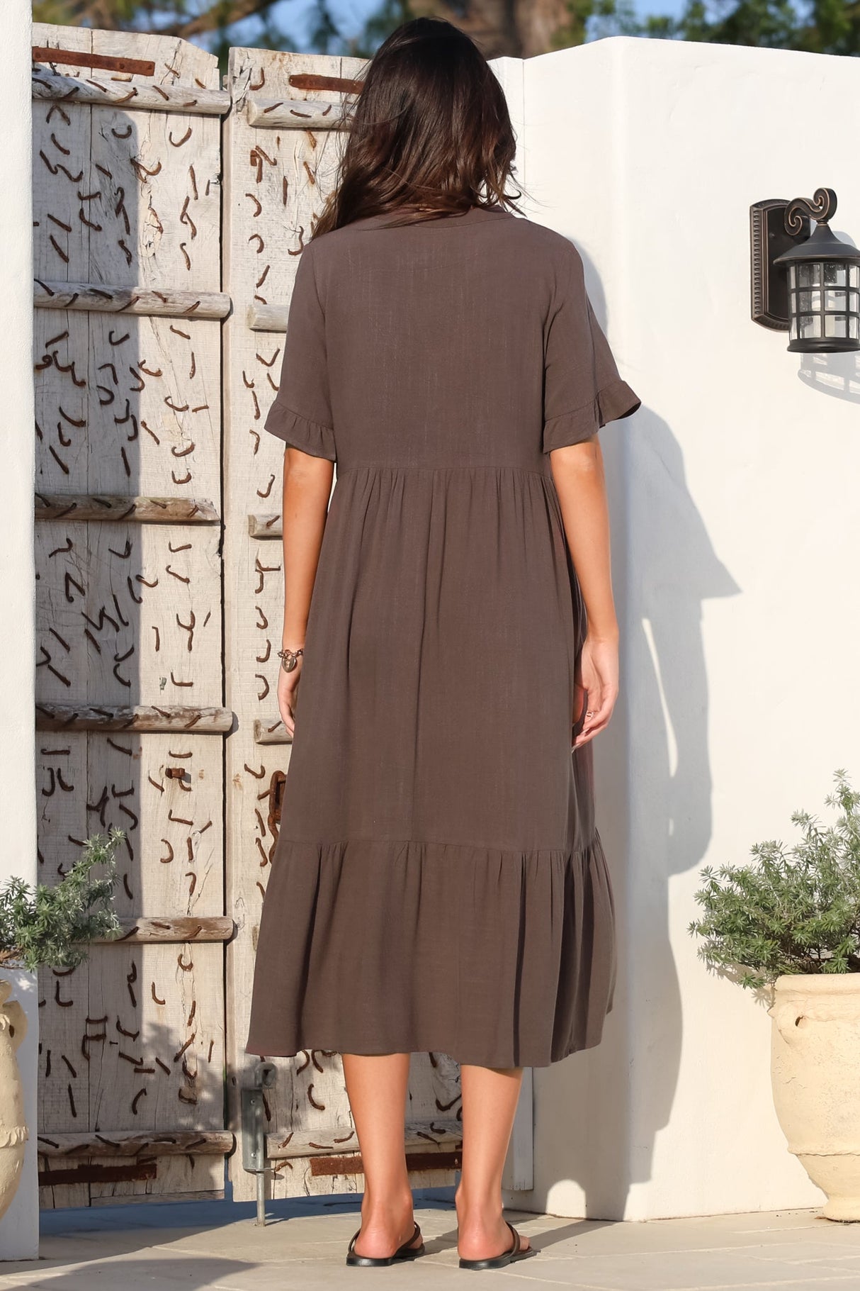 Madalena Midi Dress - Mandarin Collar Buttoned Bodice Smock Dress in Mocha