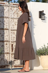 Madalena Midi Dress - Mandarin Collar Buttoned Bodice Smock Dress in Mocha