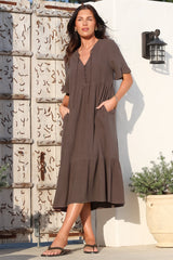 Madalena Midi Dress - Mandarin Collar Buttoned Bodice Smock Dress in Mocha