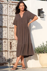Madalena Midi Dress - Mandarin Collar Buttoned Bodice Smock Dress in Mocha